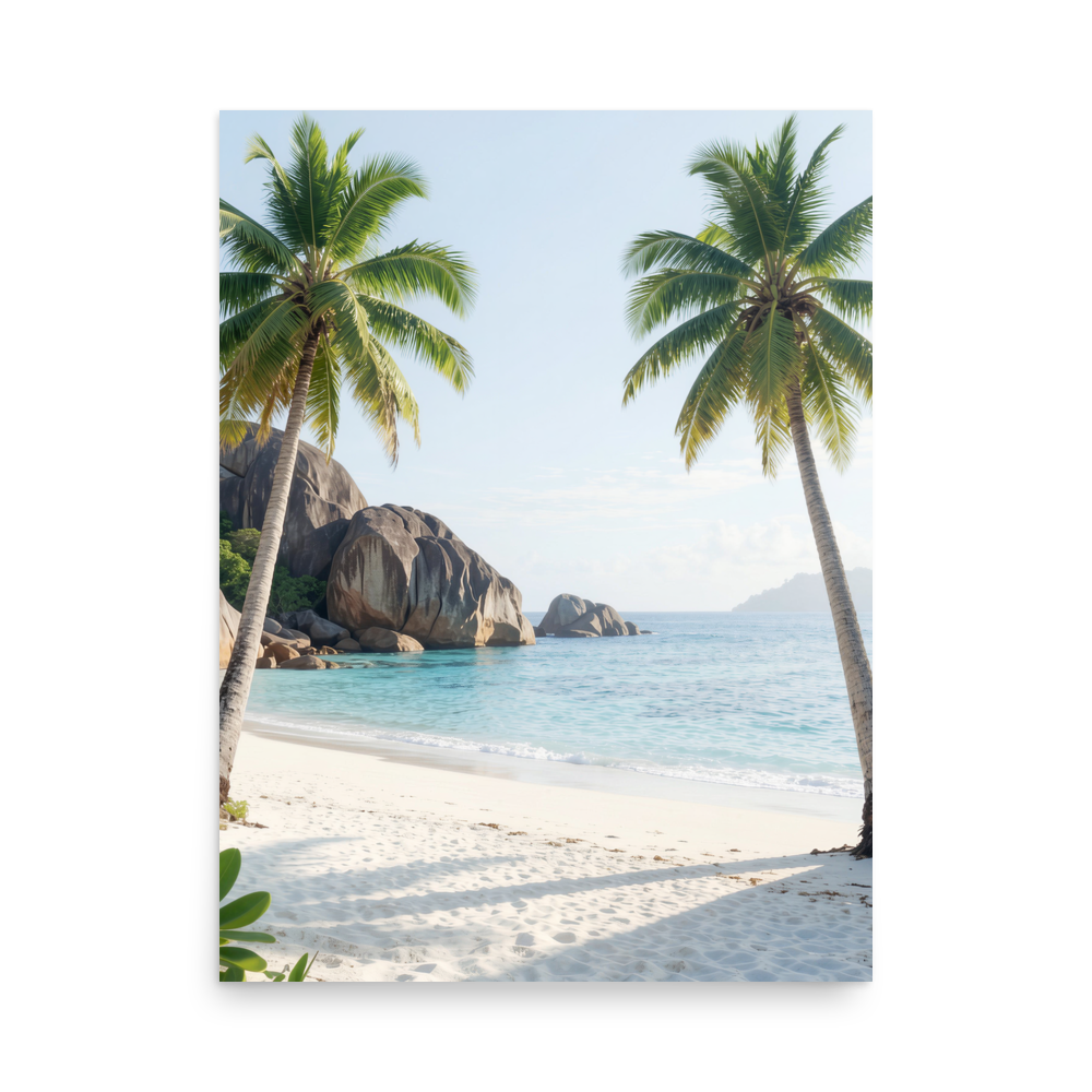 Tropical beach scene with two palm trees, turquoise ocean and white sand, calm aesthetic wall art print, JMTR Jeometry Store
