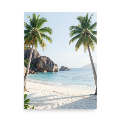 Tropical beach scene with two palm trees, turquoise ocean and white sand, calm aesthetic wall art print, JMTR Jeometry Store