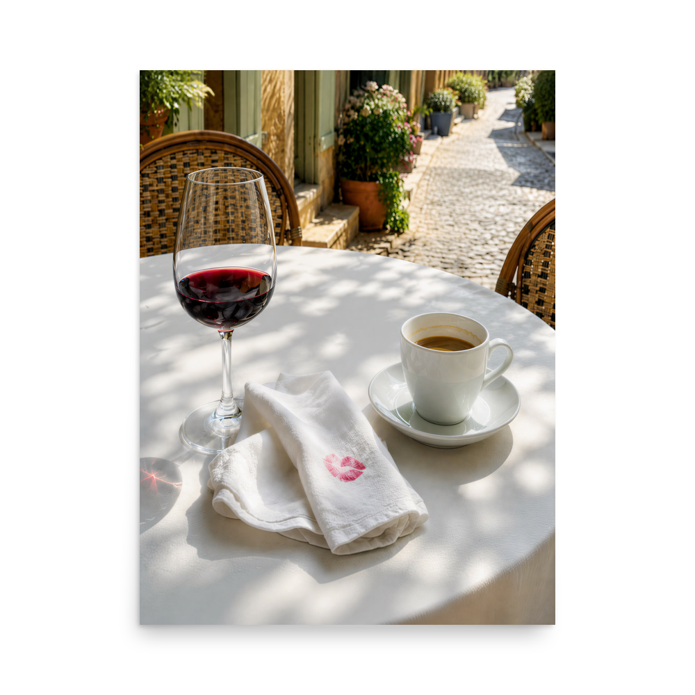 Sunlit café terrace table with red wine, espresso cup and linen napkin, calm aesthetic wall art print, JMTR Jeometry Store