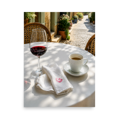 Sunlit café terrace table with red wine, espresso cup and linen napkin, calm aesthetic wall art print, JMTR Jeometry Store