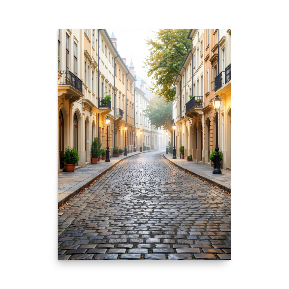 European cobblestone street at dawn, morning fog, glowing lanterns, calm aesthetic wall art print, JMTR Jeometry Store