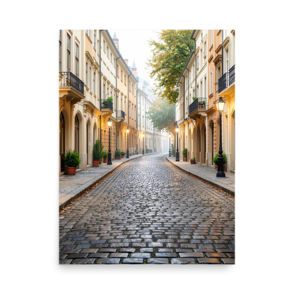 European cobblestone street at dawn, morning fog, glowing lanterns, calm aesthetic wall art print, JMTR Jeometry Store