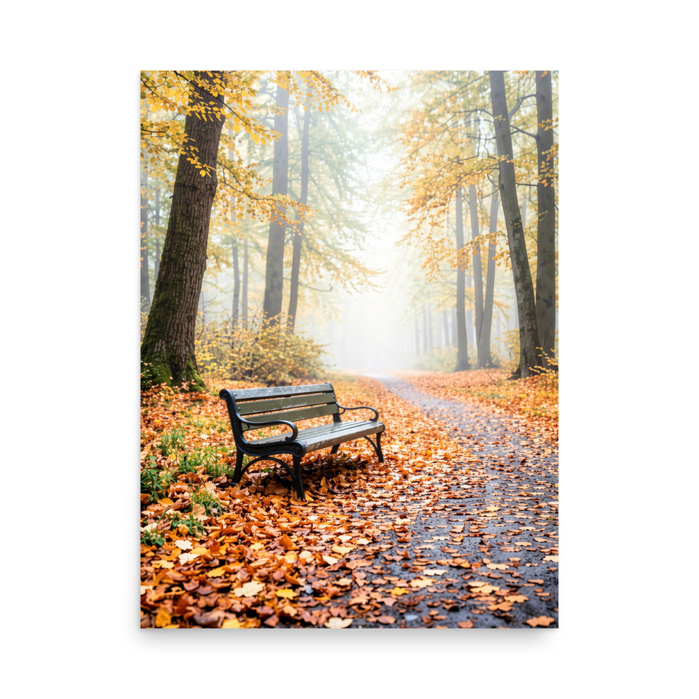Autumn park bench wall art print, foggy forest path with fall leaves, calm aesthetic poster, JMTR Jeometry Store