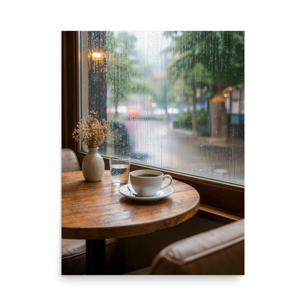 Rainy day cafe wall art print, coffee cup on wooden table by rain window, calm aesthetic poster, JMTR Jeometry Store