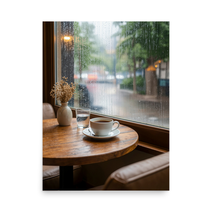 Rainy day cafe wall art print, coffee cup on wooden table by rain window, calm aesthetic poster, JMTR Jeometry Store