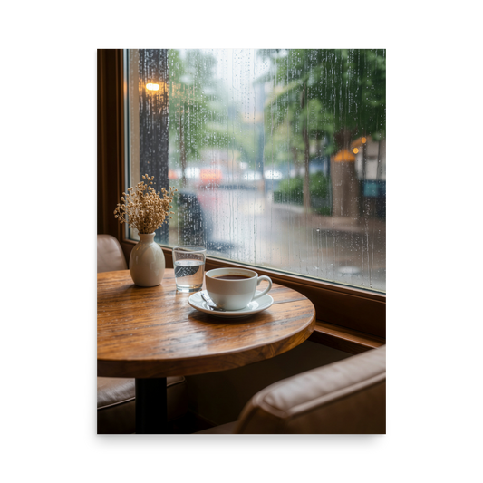 Rainy day cafe wall art print, coffee cup on wooden table by rain window, calm aesthetic poster, JMTR Jeometry Store