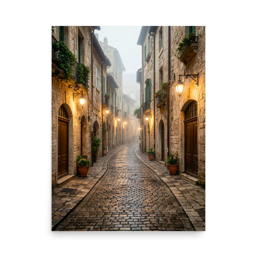 Italian village cobblestone street wall art print, warm lanterns foggy alley calm aesthetic poster, JMTR Jeometry Store