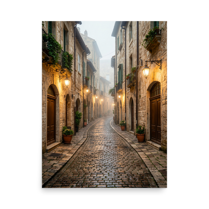 Italian village cobblestone street wall art print, warm lanterns foggy alley calm aesthetic poster, JMTR Jeometry Store