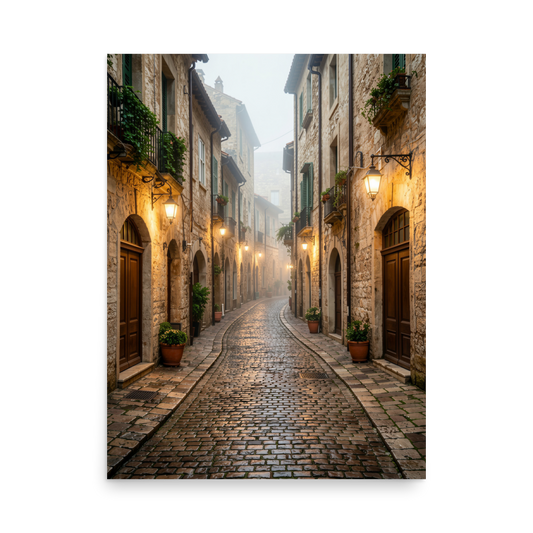 Italian village cobblestone street wall art print, warm lanterns foggy alley calm aesthetic poster, JMTR Jeometry Store