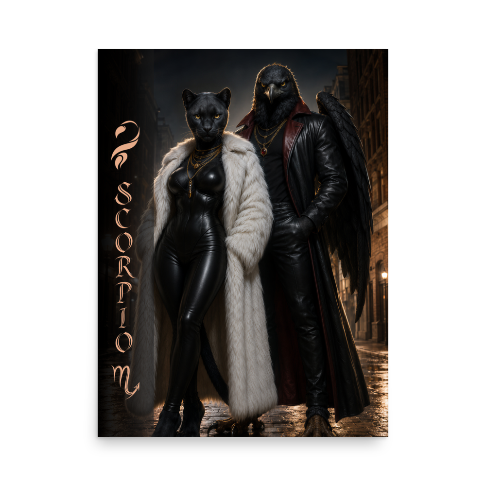 Scorpio power couple zodiac poster with black panther and black eagle