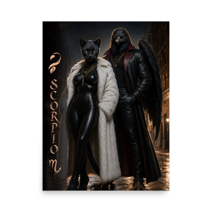 Scorpio power couple zodiac poster with black panther and black eagle