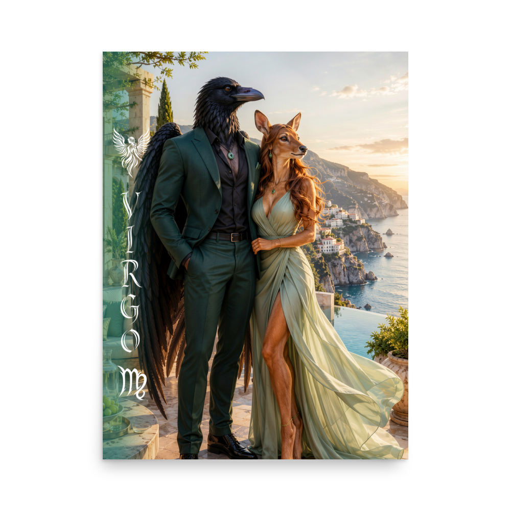 Virgo power couple zodiac poster with raven king and deer queen