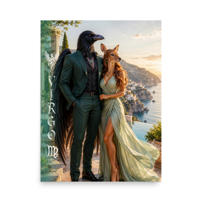 Virgo power couple zodiac poster with raven king and deer queen