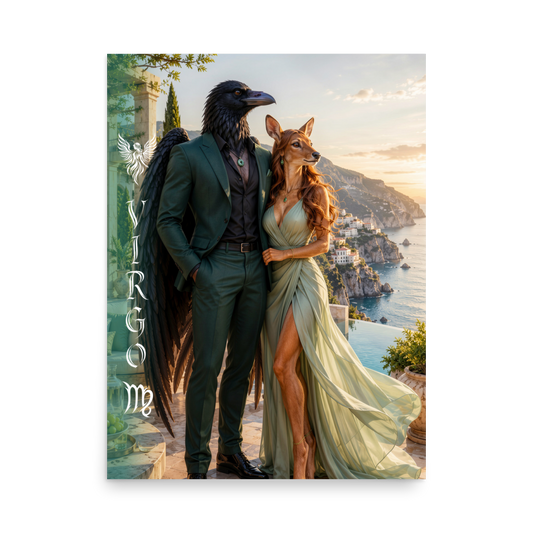 Virgo power couple zodiac poster with raven king and deer queen