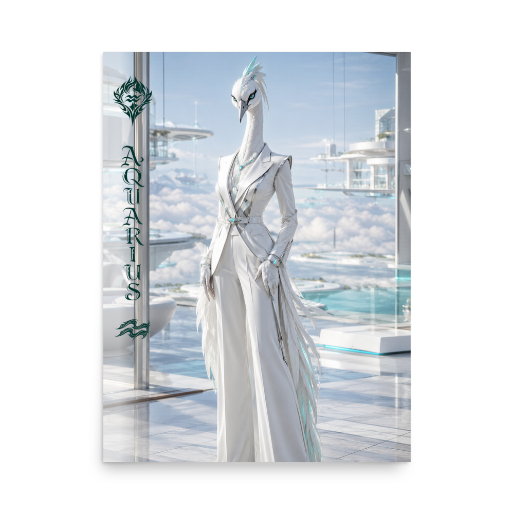 Aquarius woman zodiac poster featuring a white crane standing above the clouds in a futuristic celestial city
