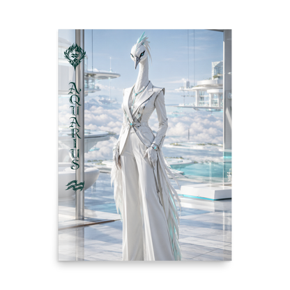 Aquarius woman zodiac poster featuring a white crane standing above the clouds in a futuristic celestial city