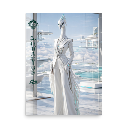 Aquarius woman zodiac poster featuring a white crane standing above the clouds in a futuristic celestial city