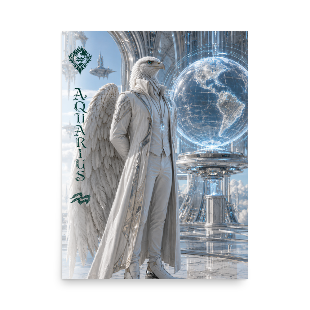 Aquarius man zodiac poster featuring a white eagle standing before a glowing world in a futuristic celestial city