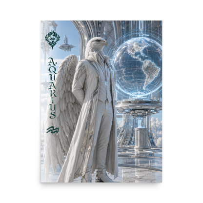 Aquarius man zodiac poster featuring a white eagle standing before a glowing world in a futuristic celestial city