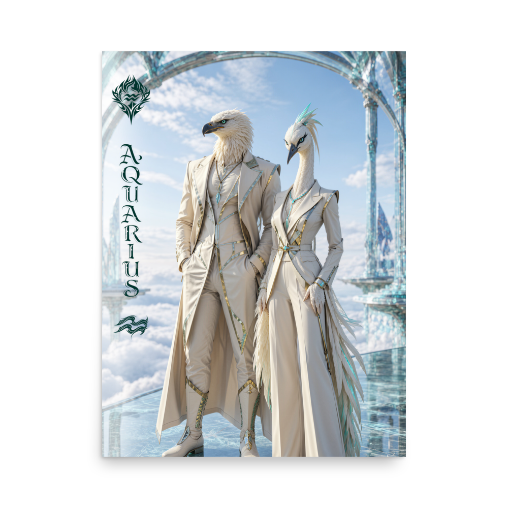 Aquarius power couple zodiac poster with eagle king and crane queen
