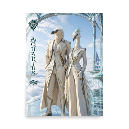 Aquarius power couple zodiac poster with eagle king and crane queen