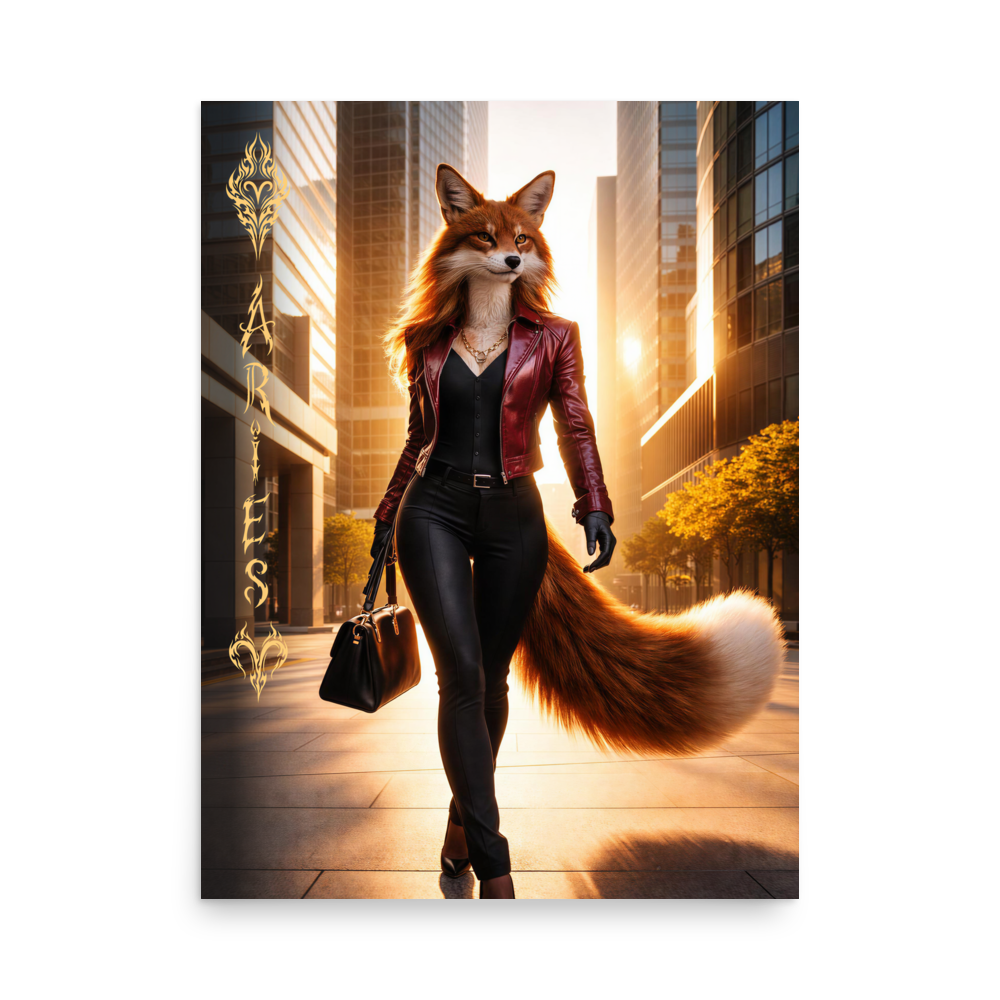 Aries fox woman zodiac poster walking through a modern city at sunset