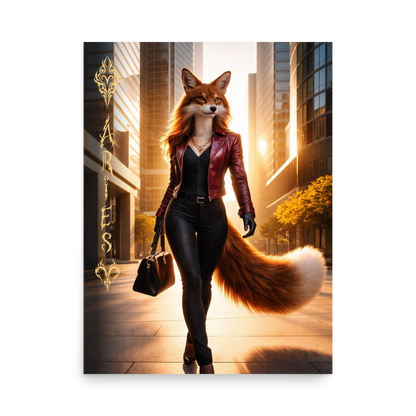 Aries fox woman zodiac poster walking through a modern city at sunset