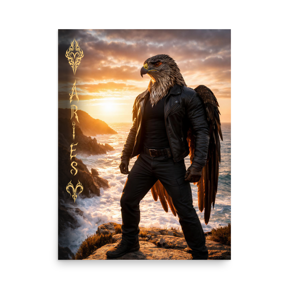 Aries man poster featuring a powerful eagle figure standing above ocean cliffs at sunset, symbolizing strength, courage, and leadership.