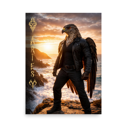 Aries man poster featuring a powerful eagle figure standing above ocean cliffs at sunset, symbolizing strength, courage, and leadership.