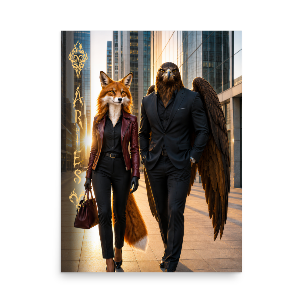Aries power couple poster featuring eagle and fox archetypes walking together through a modern city, symbolizing strength, ambition, and partnership.