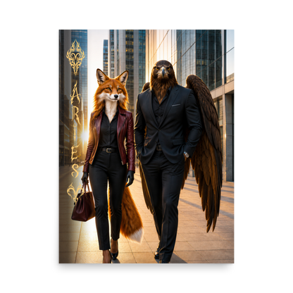 Aries power couple poster featuring eagle and fox archetypes walking together through a modern city, symbolizing strength, ambition, and partnership.