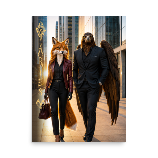 Aries power couple poster featuring eagle and fox archetypes walking together through a modern city, symbolizing strength, ambition, and partnership.