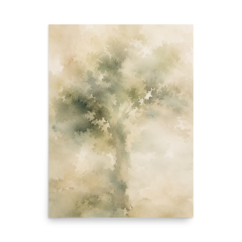 Minimalist nature-inspired poster with a softly emerging tree form in muted green and warm neutral tones