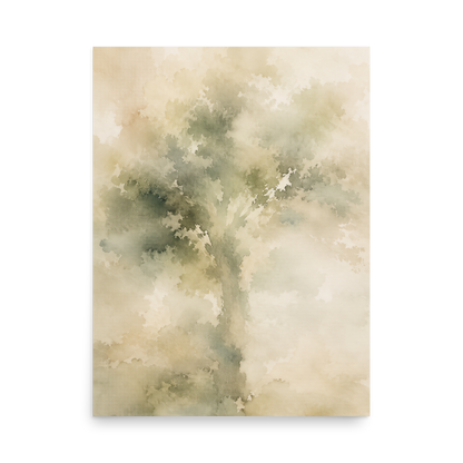 Minimalist nature-inspired poster with a softly emerging tree form in muted green and warm neutral tones