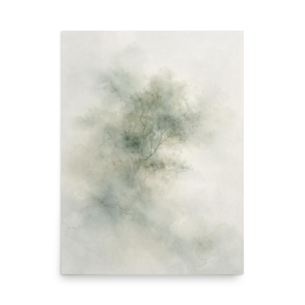Minimalist watercolor-inspired artwork with a softly emerging tree form and subtle neutral tones.