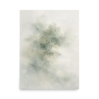 Minimalist watercolor-inspired artwork with a softly emerging tree form and subtle neutral tones.