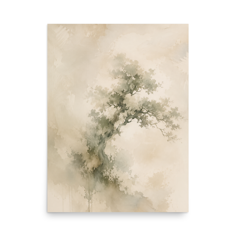 Minimalist nature-inspired poster featuring an emerging tree form in soft earthy neutral tones.