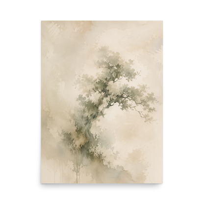 Minimalist nature-inspired poster featuring an emerging tree form in soft earthy neutral tones.