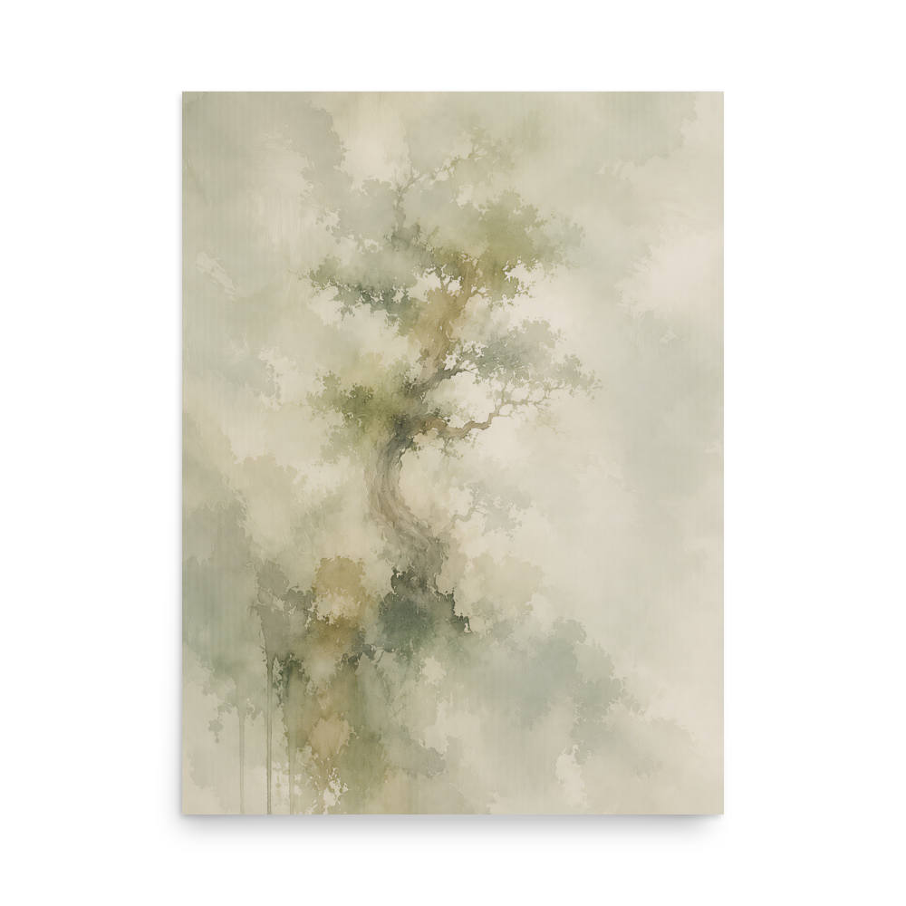Minimalist nature-inspired poster featuring a softly emerging tree form in muted neutral tones and organic watercolor textures.