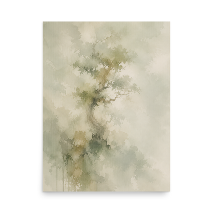 Minimalist nature-inspired poster featuring a softly emerging tree form in muted neutral tones and organic watercolor textures.