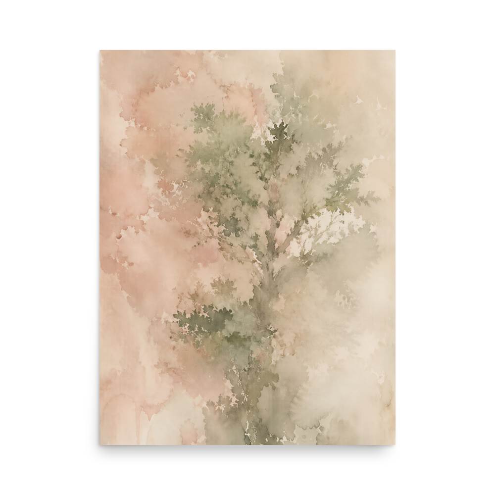 Minimalist nature-inspired poster featuring a softly emerging tree form in blush, sage, and warm neutral tones.