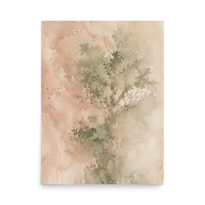 Minimalist nature-inspired poster featuring a softly emerging tree form in blush, sage, and warm neutral tones.