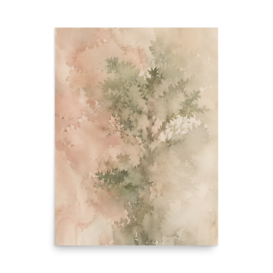 Minimalist nature-inspired poster featuring a softly emerging tree form in blush, sage, and warm neutral tones.