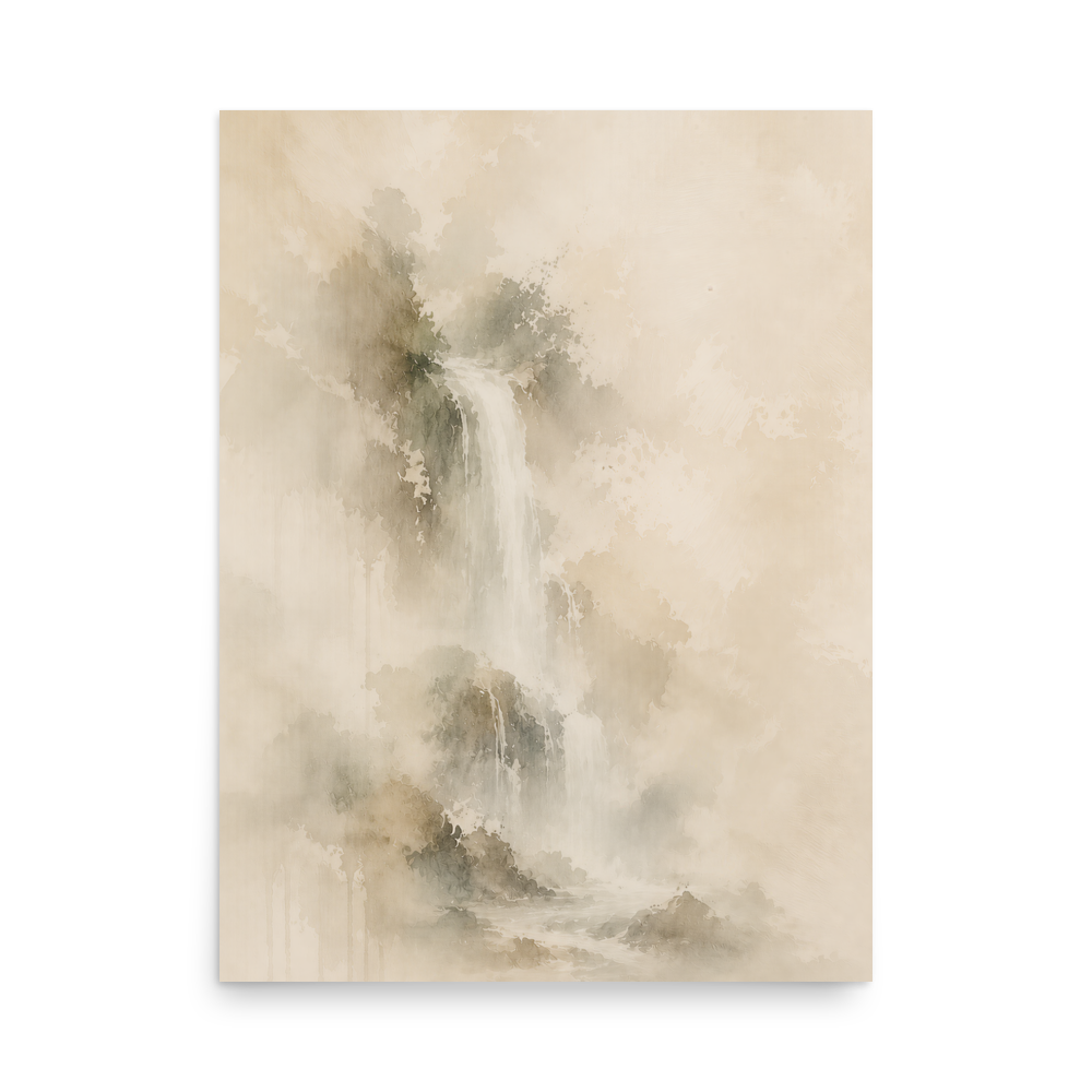 Minimalist waterfall-inspired poster featuring soft flowing forms in warm neutral and muted earth tones.