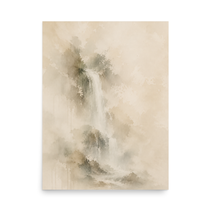 Minimalist waterfall-inspired poster featuring soft flowing forms in warm neutral and muted earth tones.