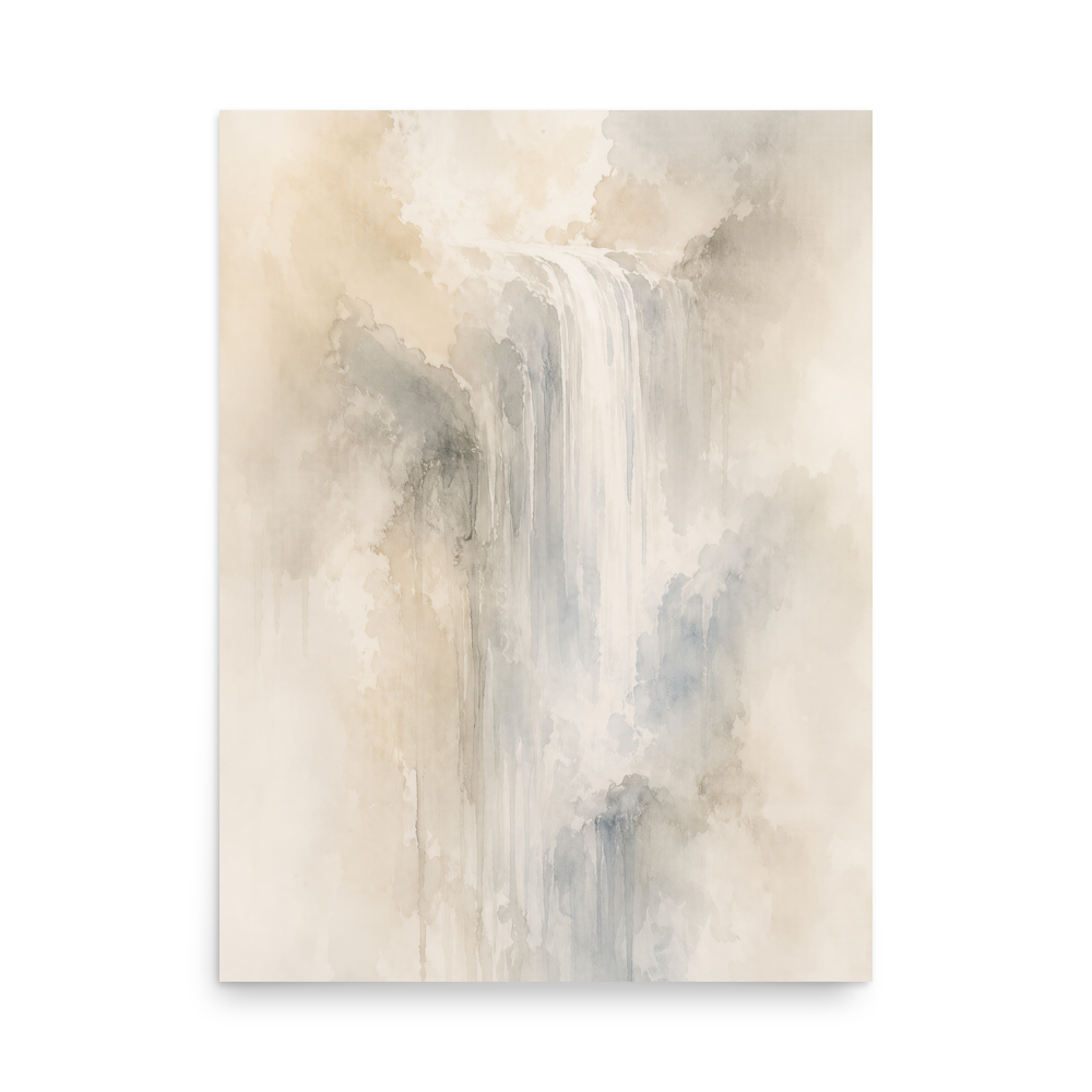 Minimalist waterfall-inspired poster with soft flowing forms in warm neutrals, misty blues, and subtle organic textures.