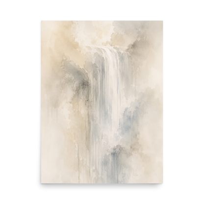 Minimalist waterfall-inspired poster with soft flowing forms in warm neutrals, misty blues, and subtle organic textures.
