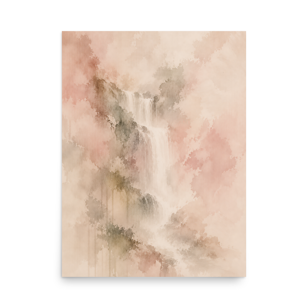 Minimalist waterfall-inspired poster featuring soft flowing forms in blush, warm neutral, and muted earth tones.