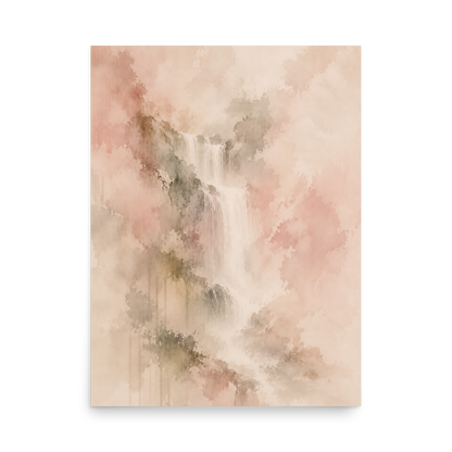 Minimalist waterfall-inspired poster featuring soft flowing forms in blush, warm neutral, and muted earth tones.