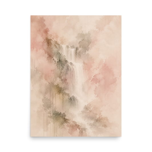 Minimalist waterfall-inspired poster featuring soft flowing forms in blush, warm neutral, and muted earth tones.